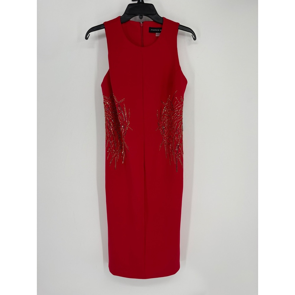 Andrew Marc Dress Womens 8 Red Tank Dress Middle SE Beaded Rhinestone Party